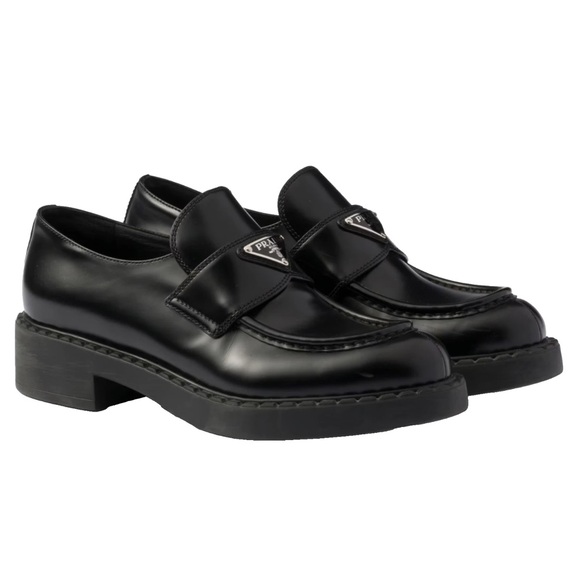 Prada Chocolate Black Brushed Leather Silver Logo Platform Sole Loafer Flat 40 - Picture 1 of 15